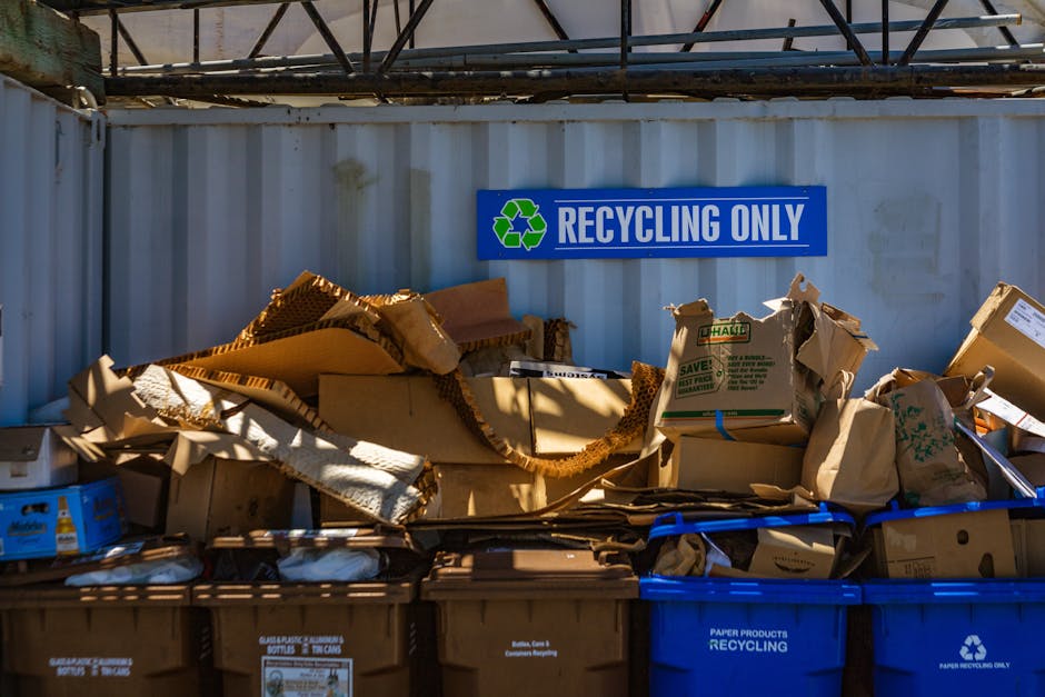 A series of large cardboard boxes, some flattened and others partially assembled, are stacked on a pavement outside a property undergoing a home relocation. The boxes contain various packing materials such as crumpled brown paper, bubble wrap, and plastic wrapping. They are positioned in front of a white metal fence with a prominent blue sign reading ‘RECYCLING ONLY’ featuring a green recycling symbol. Some boxes are stored in brown and blue recycling bins, indicating preparation for eco-friendly waste disposal or donation, part of the packing and moving process managed by Man with Van Paddington. Above the bins, a metal structure possibly part of scaffolding or building framework is visible. The environment is clear and well-lit, with natural daylight illuminating the scene, illustrating typical activity involved in furniture transport, packing, or moving logistics during a house removal.